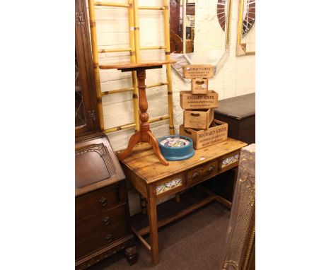 Tiled single drawer side table, oval pedestal occasional table and two bamboo step ladders (4).