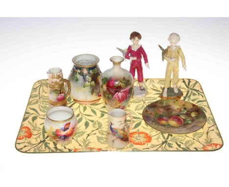 Collection of eight pieces of Royal Worcester; Two rose painted vases, three small pieces, plate and two figures 'The Parakee