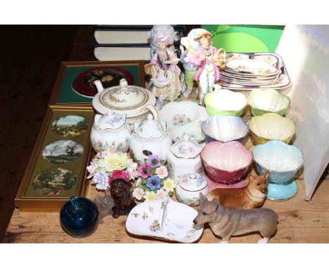 Six Maling lustre sundae dishes, Woods 'Denbigh' dessert set, Aynsley Wild Tudor pieces, figures, etc.