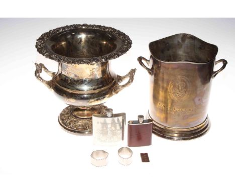 Silver plated wine cooler and champagne bucket, two spirit flasks, two napkin rings and silver money clasp.