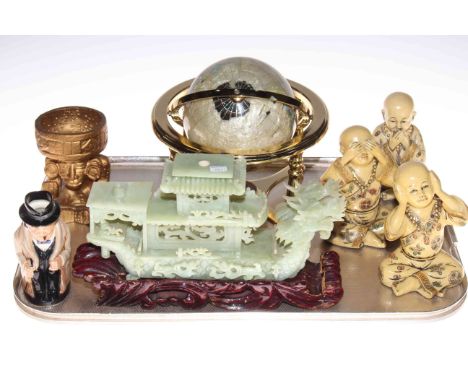 Tray lot with globe, alabaster dragon boat, three chinoiserie children, gilt holder and Royal Doulton Churchill toby jug (7).