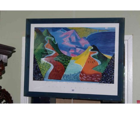 David Hockney print of landscape, signed with message, framed overall, 67cm by 85cm.