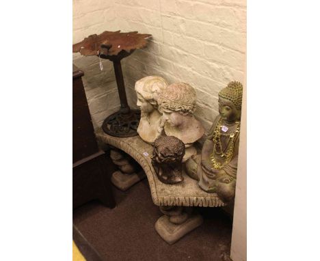 Curved squirrel garden bench, cast leaf bird bath, buddha and three busts (6).