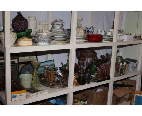 Full shelf of metalwares, Stoneware crock, cuckoo clock, pictures, wicker baskets, copper and brass warming pan, two shooting