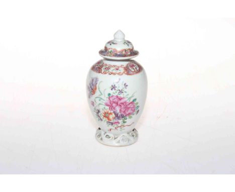 Chinese Chini Lung vase/tea canister, the body and cover painted with flowers and having scroll foot rim, 13.5cm.