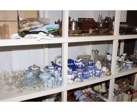 Full shelf of blue and white table china, assorted glassware, Royal Grafton Christmas plates, thimbles, pin cushion ladies, e