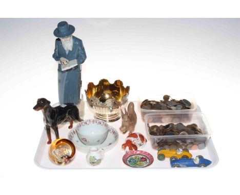 Tray lot with two Dinky racing cars, coins, Royal Crown Derby 'Puppy', Bing &amp; Grondahl squirrel, Beswick hound, Nao figur