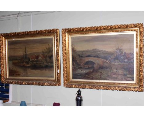 Pair Victorian gilt framed oils on canvas of lone figures in rural river scenes, overall 80cm by 105cm.