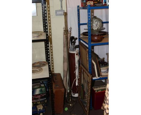 Brass standard lamp, vintage golf bag and clubs, map, needlework picture, suitcase, light fittings, glass and other bowls.