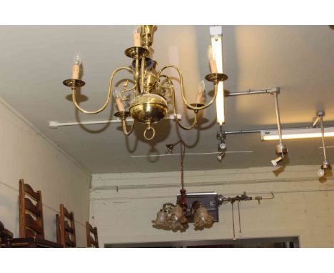 Brass hanging ceiling light with ruby glass shade, two five-branch light fittings and 1930's glass ceiling globe (4).