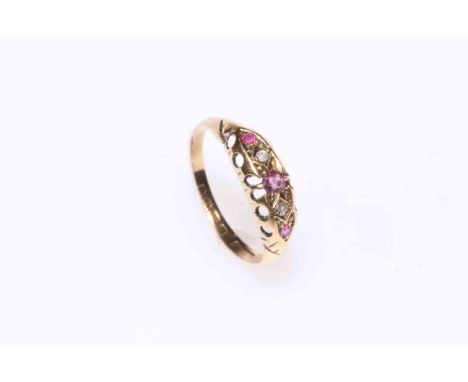 18 carat gold, ruby and diamond ring, size P.