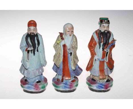 Set of three Chinese polychrome figures of elders, signed inside base, 21/22cm.