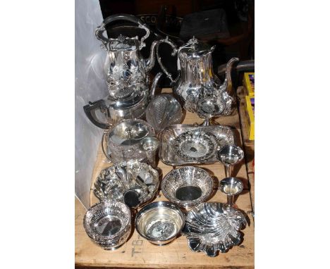 Victorian and later silver plate including spirit kettle, coffee pot, shell dish, etc; and crystal light shade.