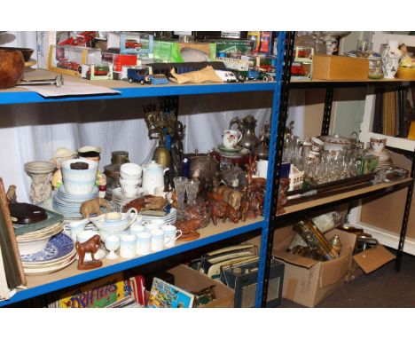 Assorted silver plate and metalware, shooting stick and walking sticks, Royal Doulton coffee ware, teawares, wood carvings, e