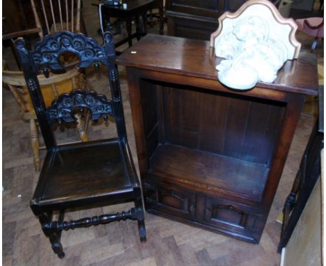 Reproduction oak open cabinet with cupboards to base, 76cm wide, Jacobean style single chair and Rococo style wall bracket. C