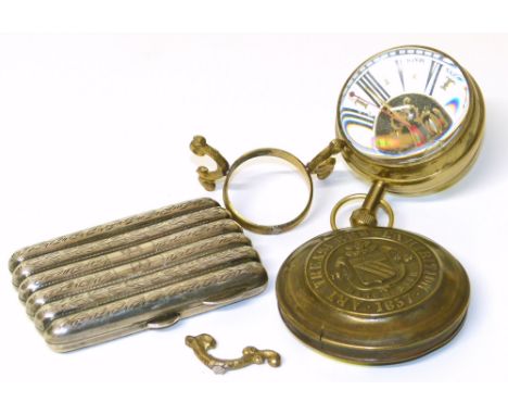 Silver cigarette case, 1857 Art Tresures Exhibition Medal and a novelty ball clock on stand, Condition reports are not availa