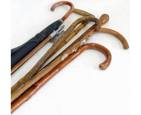 "Gamebird" shooting stick, umbrella and five walking sticks. Condition reports are not available for the Interiors Sale.