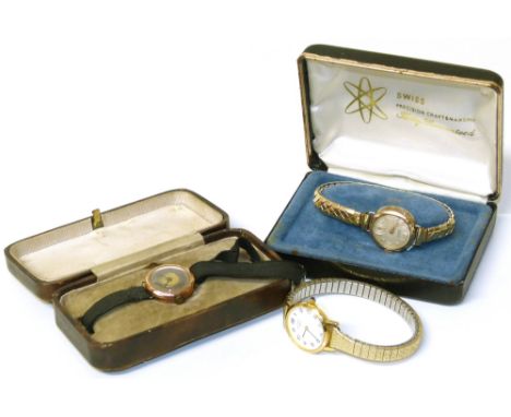 Ladies 9ct gold watch comprising of Art Deco and an Omer together with a plated Rotary Condition reports are not available fo