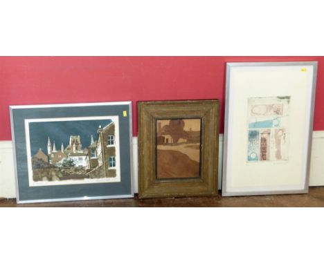 W.A Chase Marquetry picture 'Old Farm', Rowley Gallery frame, also Norman Wade Durham Lithograph, and a E.A. Stuart Smith pri