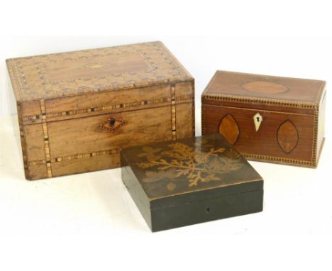 Victorian walnut jewellery box, two division tea caddy and small box with poker work decoration. Condition reports are not av