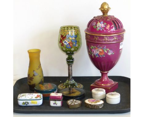 Dresden lidded vase (finial re-stuck), enamelled goblet and a Galle style vase and seven boxes. Condition reports are not ava