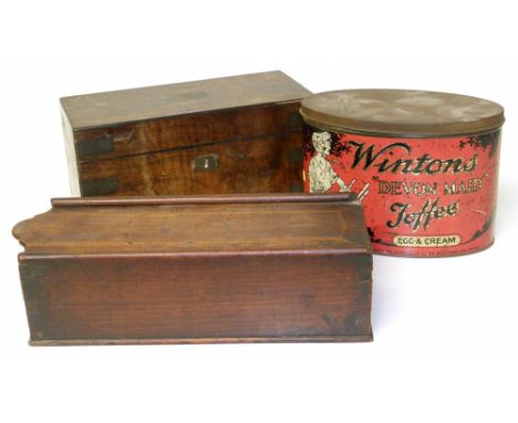 Oval Wintons toffee tin, 19th century walnut two division caddy inset with brass and candle box. Condition reports are not av