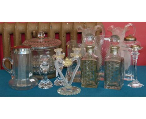 Collection of glass to include five jugs, lidded punch bowl and ladle, Italian candelabra and three candlesticks. Condition r