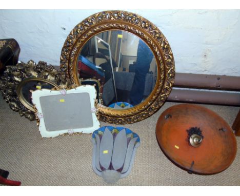 Art Nouveau style centre shade, wall light and three mirrors. Condition reports are not available for the Interiors Sale.