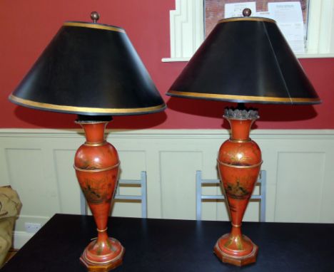 Pair modern chioiserie table lamp with black and gilt shade. Condition reports are not available for the Interiors Sale.