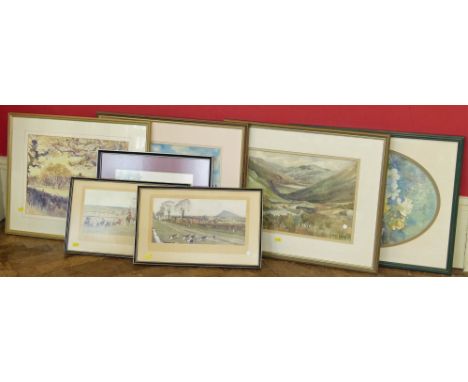 Watercolours by Shelia M. Webster 'Welsh Row, Nantwich', 'Autumn, Peckforton', 'Fresias', 'Kirkstone Pass', pair of hunting p