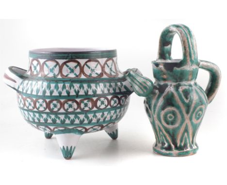 Robert Picault planter, with twin handles supported on three feet, also a watering can shape ewer, RP monograms to bases, the