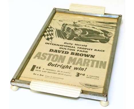 Art Deco tea tray with inset September 1955 Aston Martin outright win, Oulton Park, taken from the Autocar Condition reports 