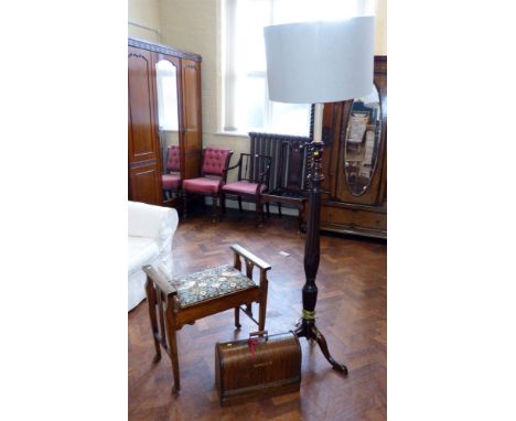 Standard lamp, piano stool and Singer sewing machine. Condition reports are not available for the Interiors Sale.