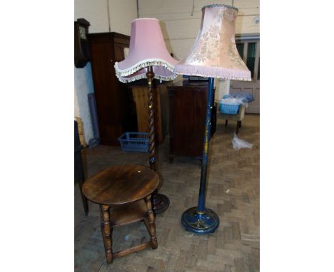 Chinoiserie standard lamp, barley-twist ditto, oak two tier circular table. Condition reports are not available for the Inter