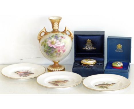 Royal Worcester twin handle vase (AF) 2249, Royal Worcester "Missle Thrush" plate and two others, Halcyon Days enamel pot and