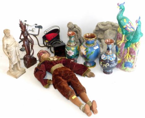 Collection of 20th century Chinese items including a pair of exotic birds, three cloisonne vases, lacquer box, also a reprodu