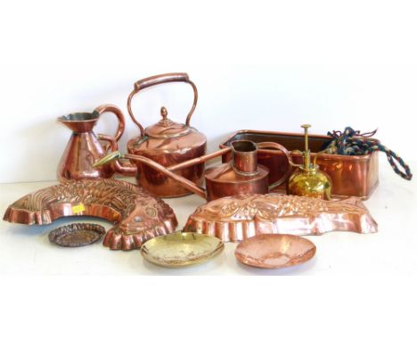 Small 'Haws' copper/brass watering can, copper planter, brass sprayer, two copper fish jelly moulds, small copper kettle and 