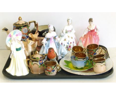 Four Royal Doulton figures 'Southern Belle', 'Fair Lady', 'Diana', Toby jug 'Monty', W. Goebel 'Robin', Simpart Ceramics plat