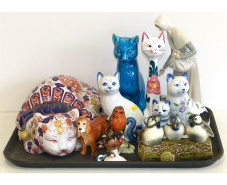 NAO figure of young woman feeding rabbits, Goebel bird figure group, Goebel robin and goldfish, six cat ornaments, Adderley d