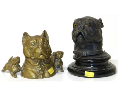 Spelter inkwell in the form of a Boxer head with glass eyes and one other brass inkwell modelled as a Mastiff head with two p