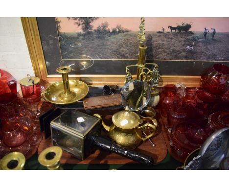 A Tray of Metalwares to Include Brass Teapot, Bedchamber Stick, Brass Fire Tidy, Trap Lamp, Copper Tankard, Magnifying Glass 