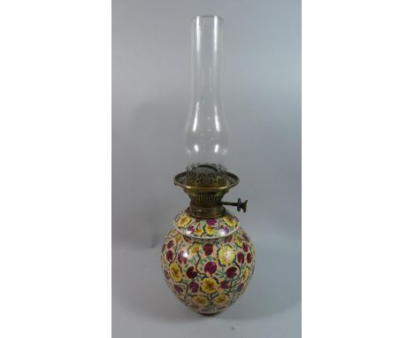 A Ceramic Oil Lamp with Hand Painted Floral Decoration Having Inner Glass Reservoir and Hinks No. Duplex Control 