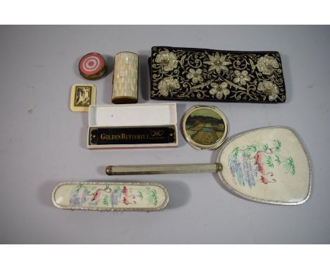 A Collection of Curios to Include Dressing Table Brush and Mirror, Chinese Mouth Organ, Embroidered Ladies Purse, Powder Comp