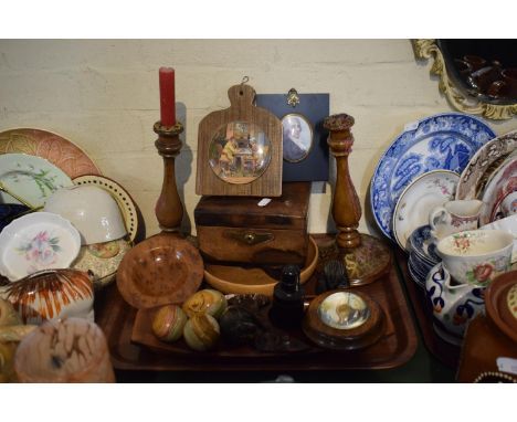 A Tray of Treenware etc to Include Leather Mounted Jewellery Box, Fruit Bowl, Pair of Brass Mounted Candle Sticks, Stone Eggs