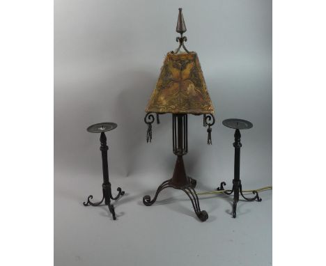 A Pair of Metal Candle Pricketts and a Similar Table Lamp, Lamp 66cm High 