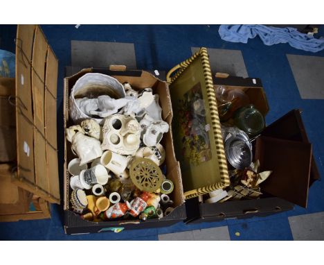Two Boxes Containing Ceramic Ornaments, Glassware, Bookends, Cutlery, Vintage Tray etc 
