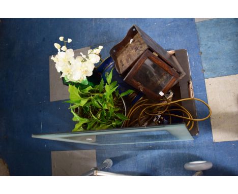 A Box Containing Vase of Artificial Flowers, Table Lamp, Smokers Cabinet, Mirror etc 