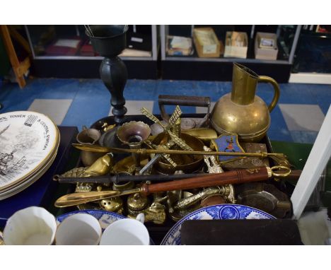 A Tray of Brass and other Ornaments, Flat Iron, Guernsey Jug, Candlestick, Shoehorns etc 