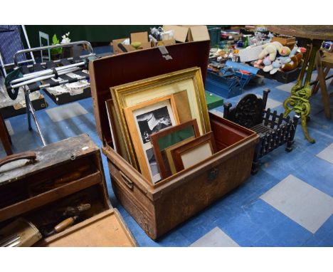 A Metal Travelling Trunk Containing Various Pictures, Prints, Mirrors and Frames 
