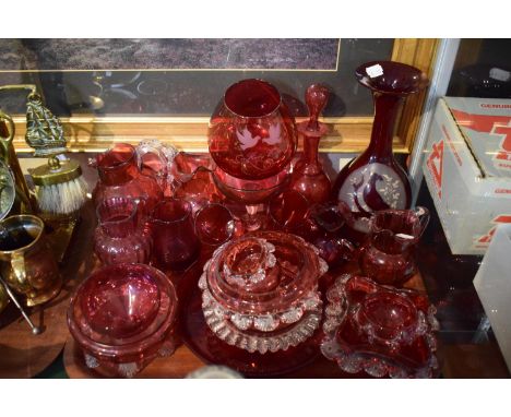 A Tray Containing Victorian and Later Cranberry Glass, Overlaid Ruby Glass etc 